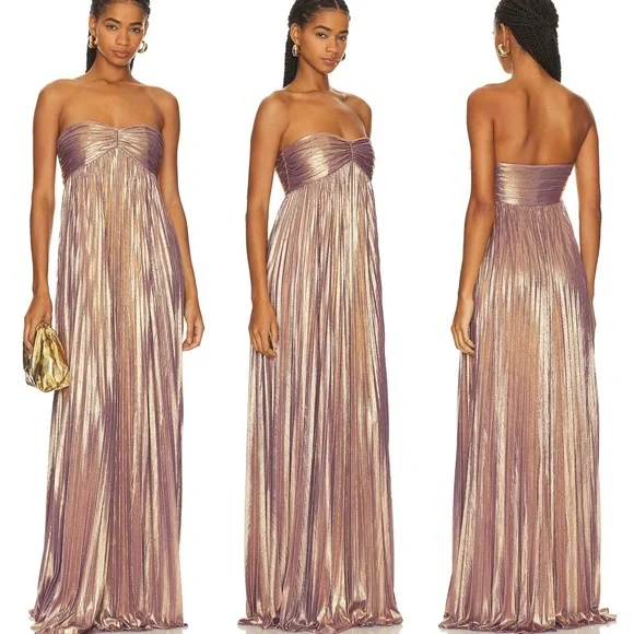 Retrofête Lyanna Metallic Pleated Sweetheart Strapless Maxi Dress Evening Gown - Picture 7 of 15